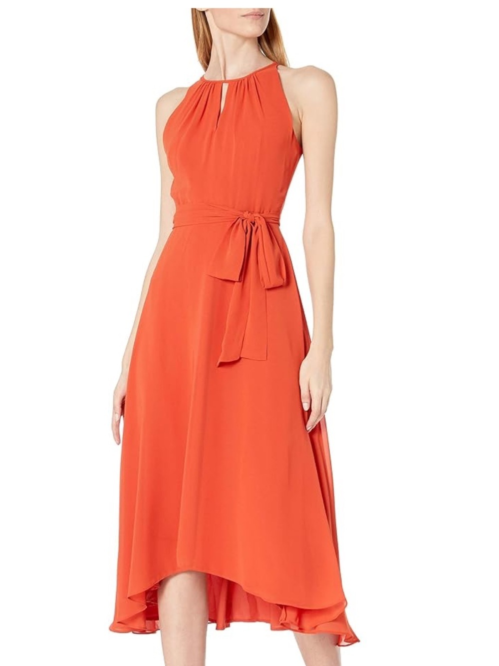 Tahari Vibrant Orange Maxi Dress with Tie Waist